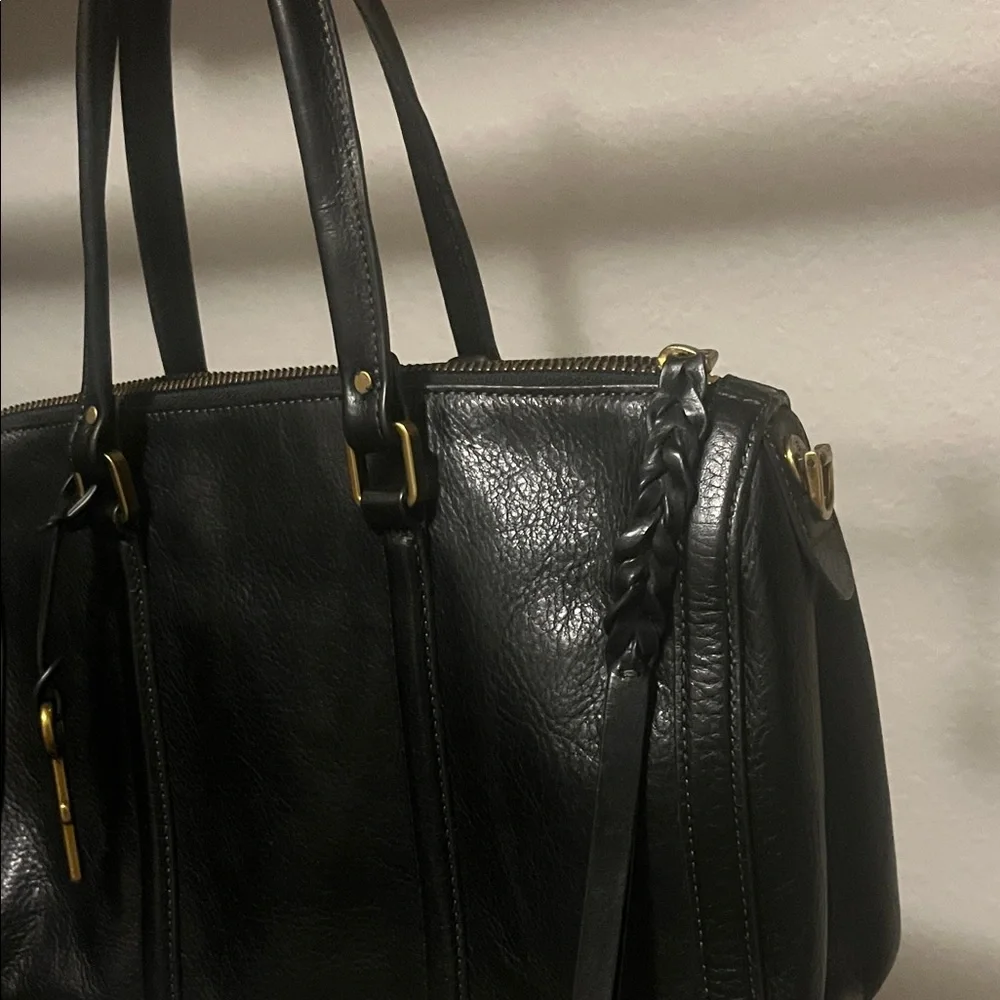 Fossil Black Leather Double-Handle Briefcase Tote